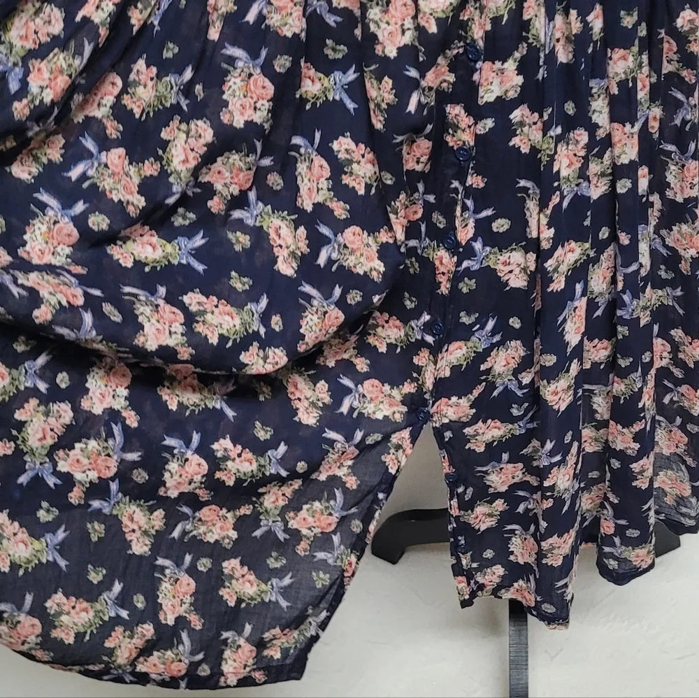 1970s Vintage Sita Blue Pink Floral Scoop Neck Tie-Waist Fit & Flare Midi Dress - Picture 5 of 12